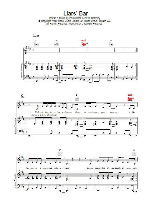 The Beautiful South Liar's Bar sheet music notes printable PDF score