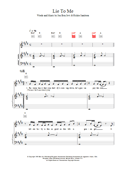 Bon Jovi Lie To Me sheet music notes printable PDF score