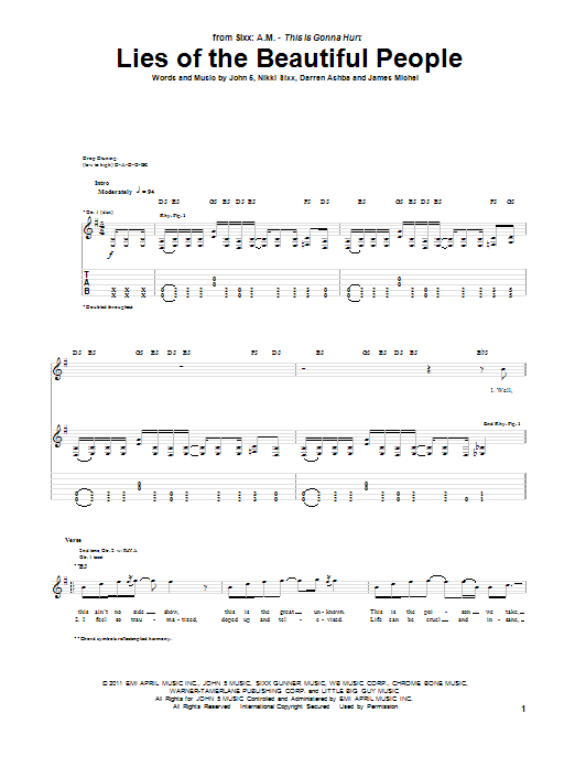 Download Sixx A.M. Lies Of The Beautiful People Sheet Music