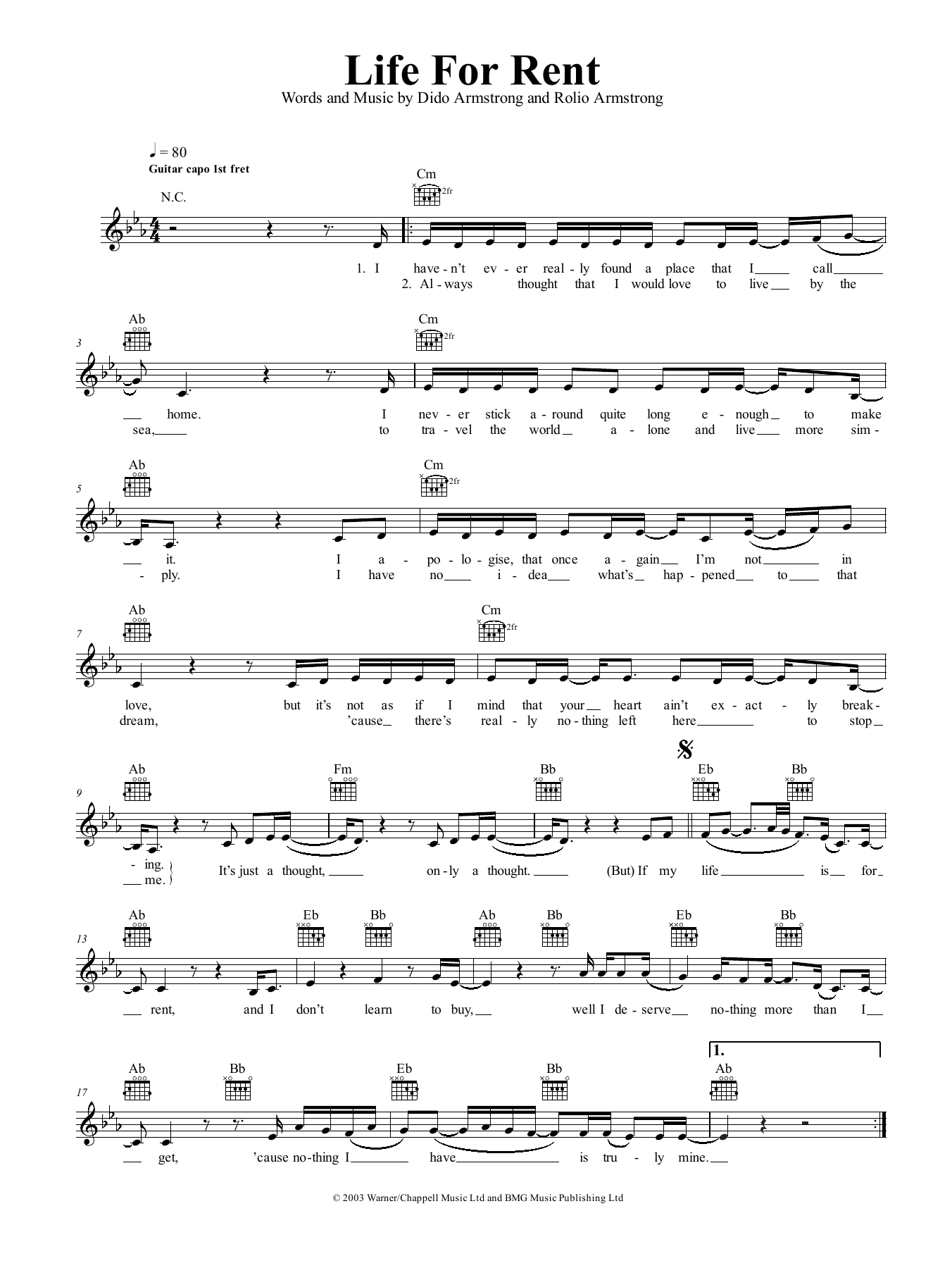 Download Dido Life For Rent Sheet Music