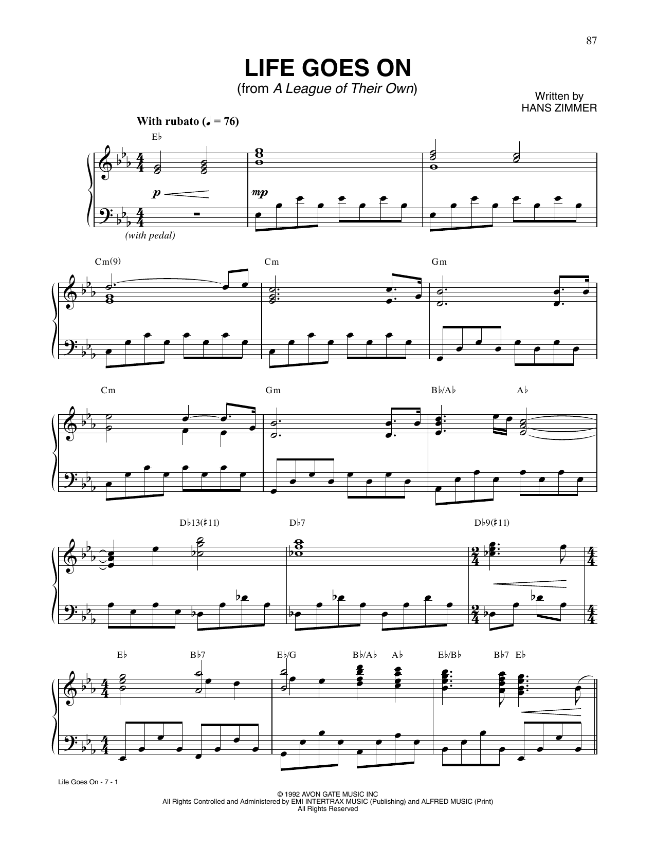 Download Hans Zimmer Life Goes On (from A League Of Their Ow Sheet Music