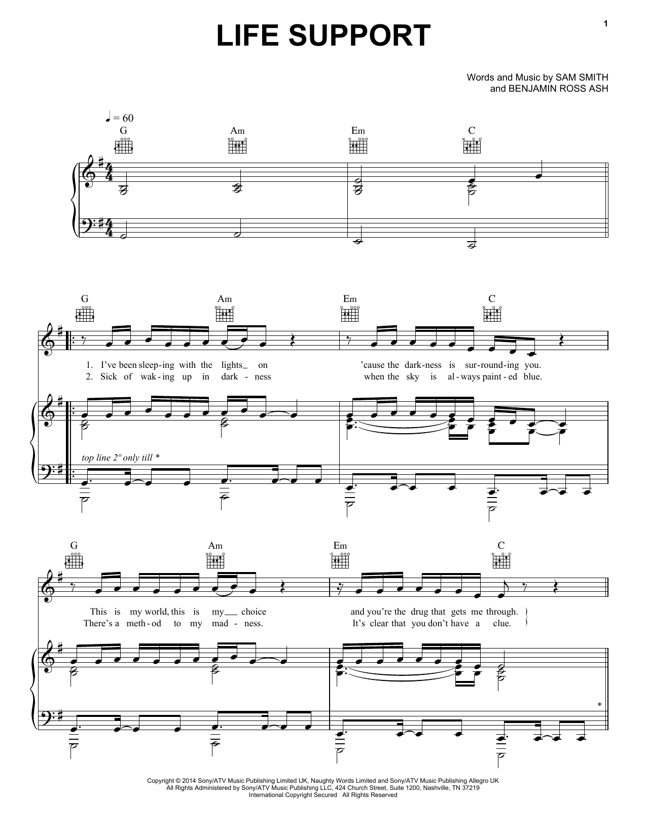 Download Sam Smith Life Support Sheet Music