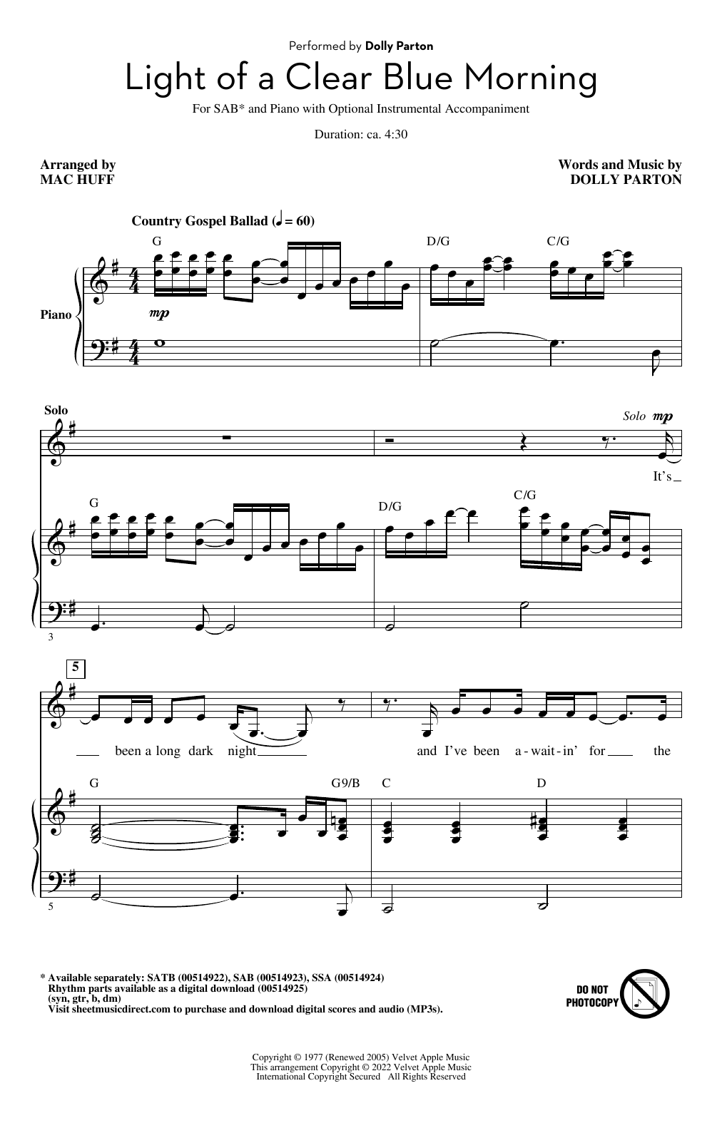 Download Dolly Parton Light Of A Clear Blue Morning (arr. Mac Sheet Music