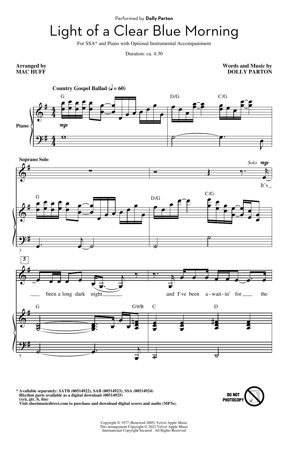 Download Dolly Parton Light Of A Clear Blue Morning (arr. Mac Sheet Music