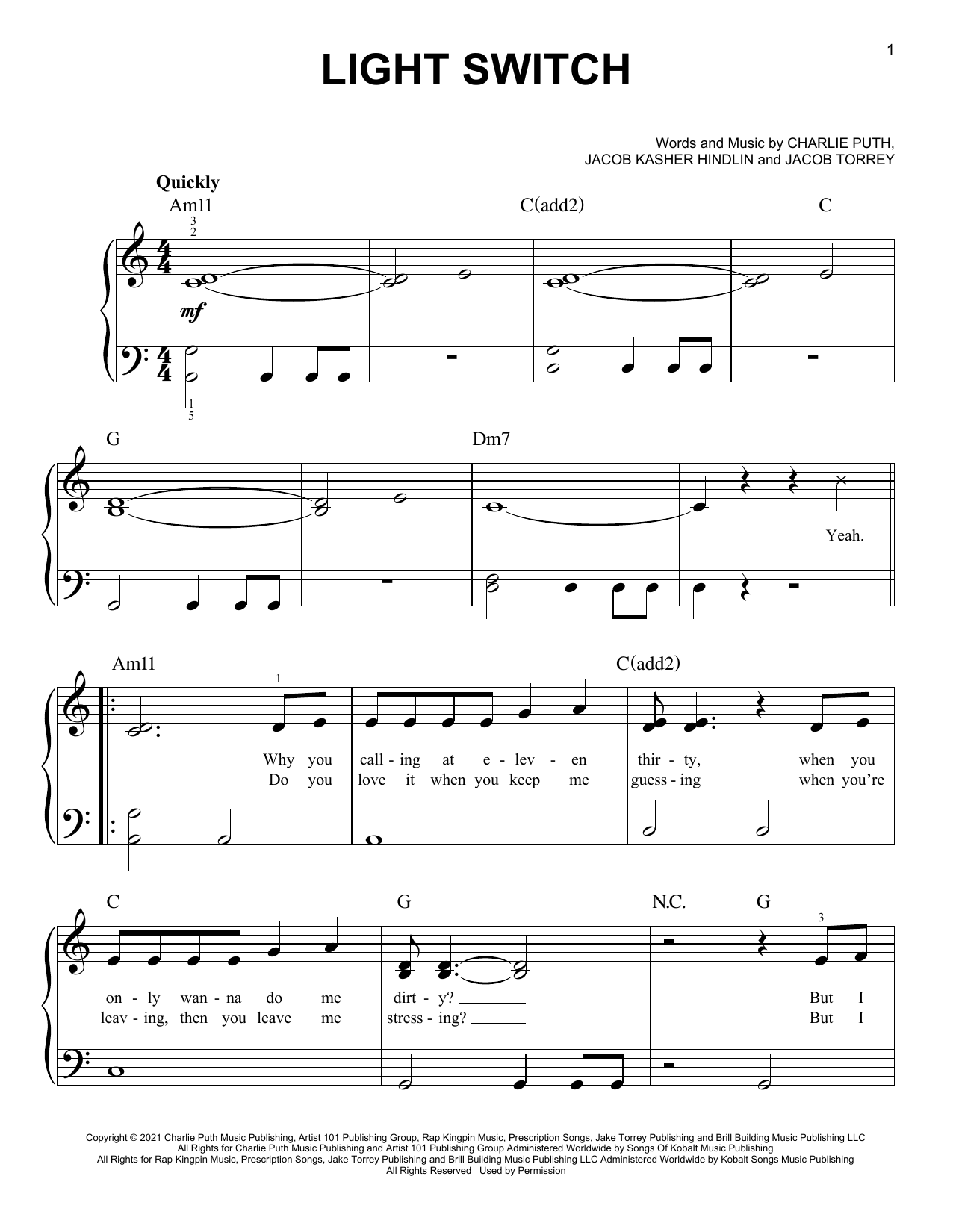 Download Charlie Puth Light Switch Sheet Music