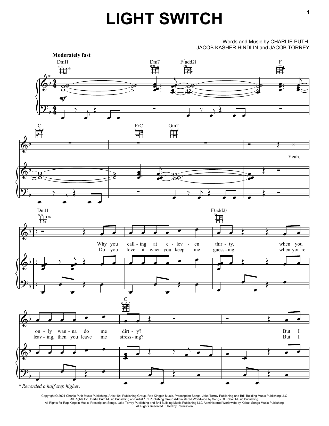 Download Charlie Puth Light Switch Sheet Music
