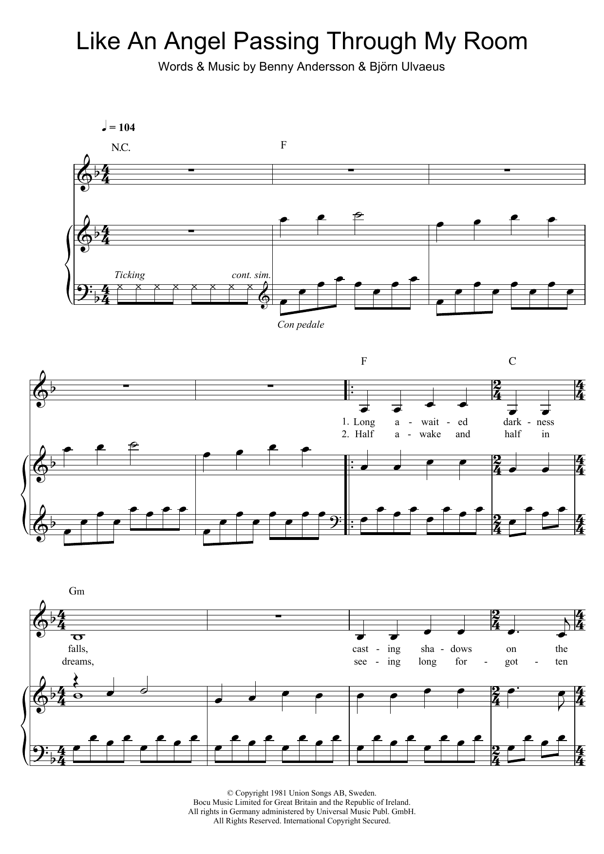 Download ABBA Like An Angel Passing Through My Room Sheet Music