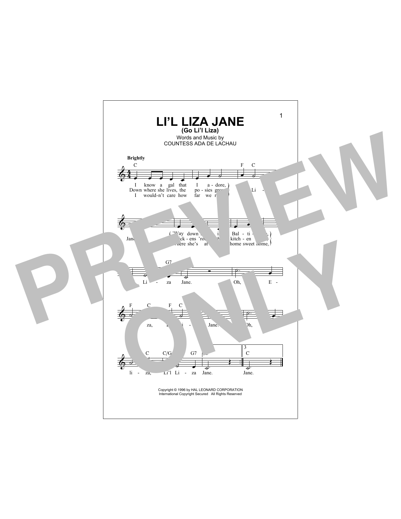 Download Countess Ada De Lachau Li'l Liza Jane (Go Li'l Liza) Sheet Music