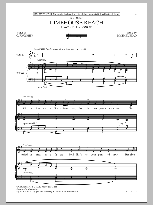 Download Michael Head Limehouse Reach (from Six Sea Songs) Sheet Music