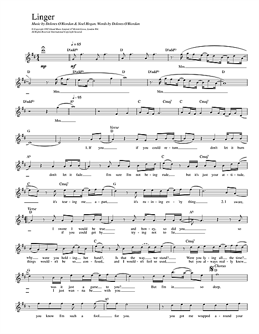 The Cranberries Linger sheet music notes printable PDF score