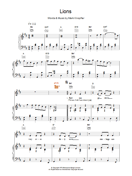 Dire Straits Lions sheet music notes printable PDF score