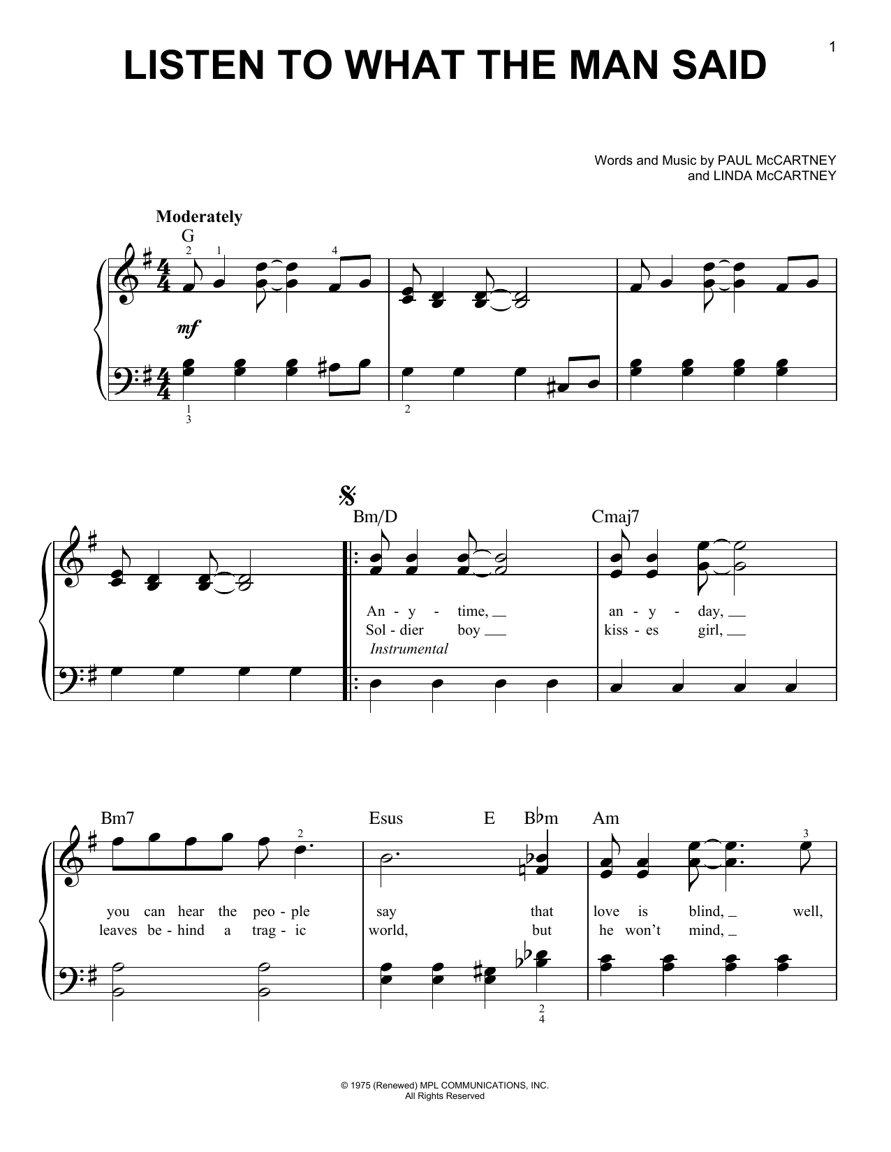 Download Wings Listen To What The Man Said Sheet Music