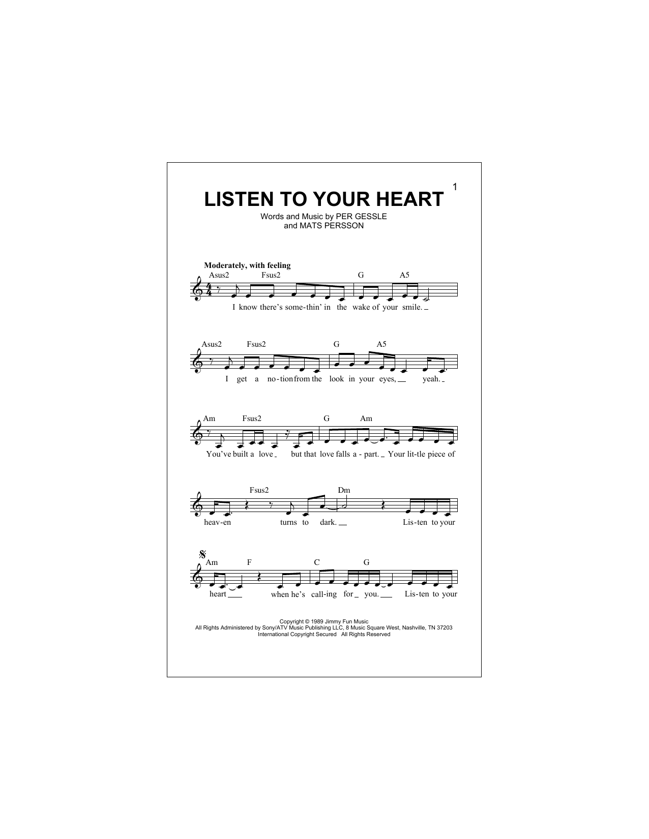 Download Roxette Listen To Your Heart Sheet Music