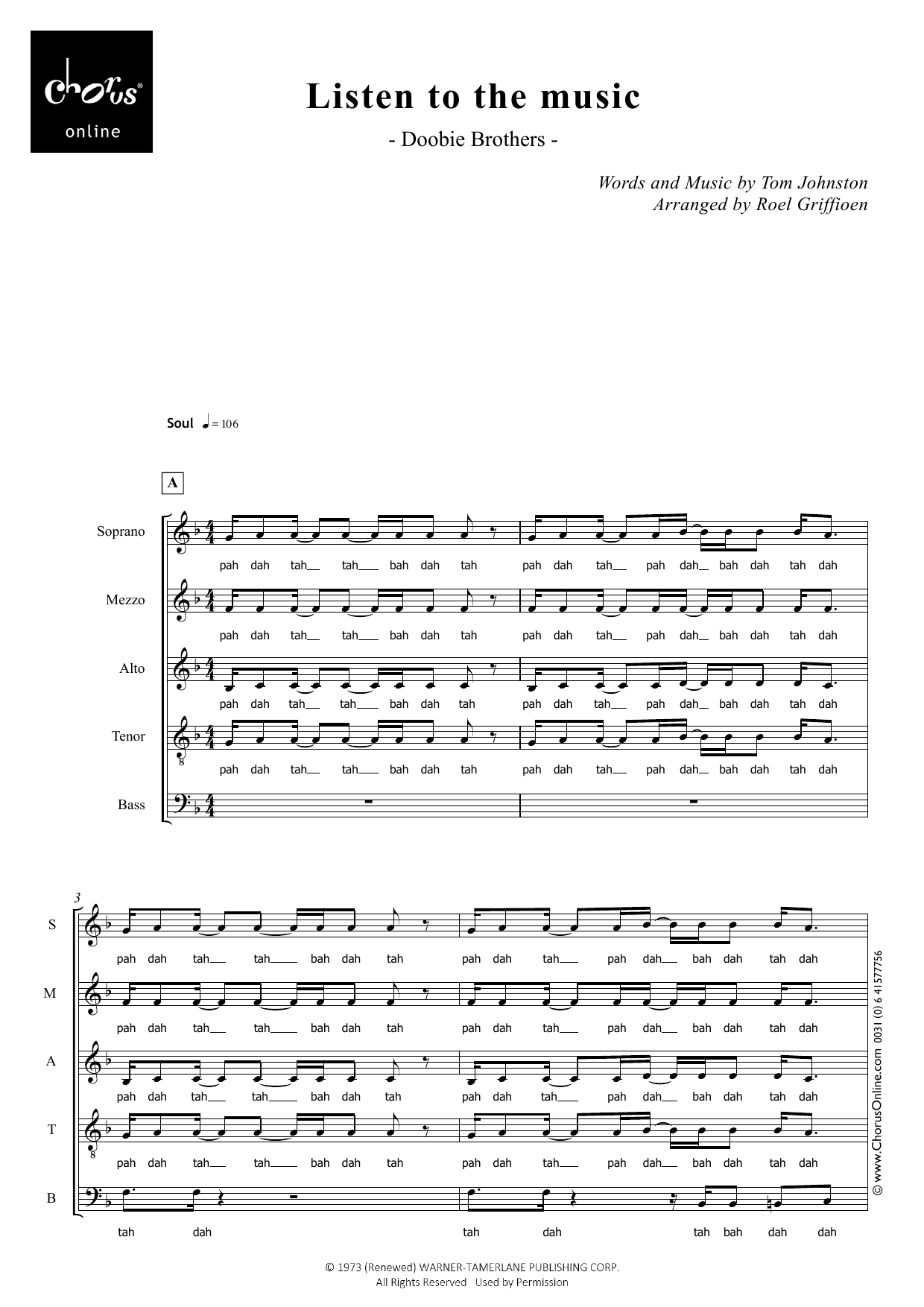 The Doobie Brothers Listen to the Music (arr. Roel Griffioen) sheet music notes printable PDF score