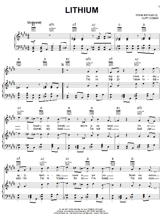 Nirvana Lithium sheet music notes printable PDF score
