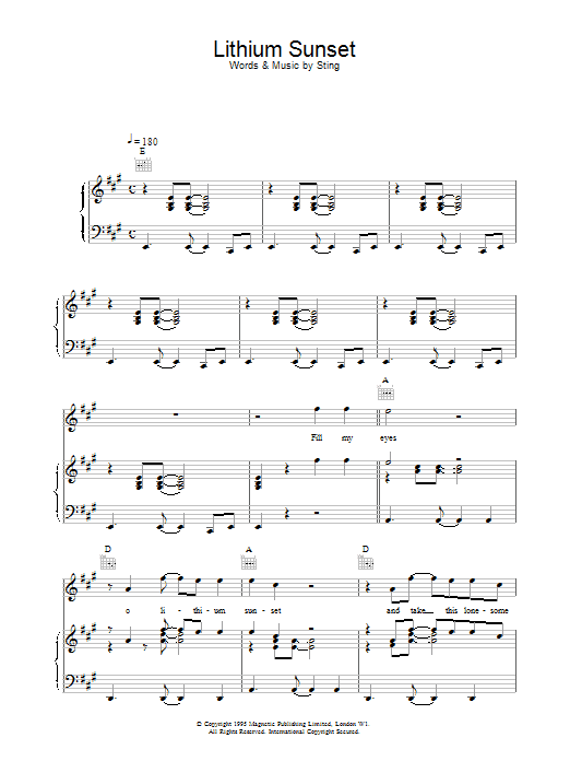 Sting Lithium Sunset sheet music notes printable PDF score