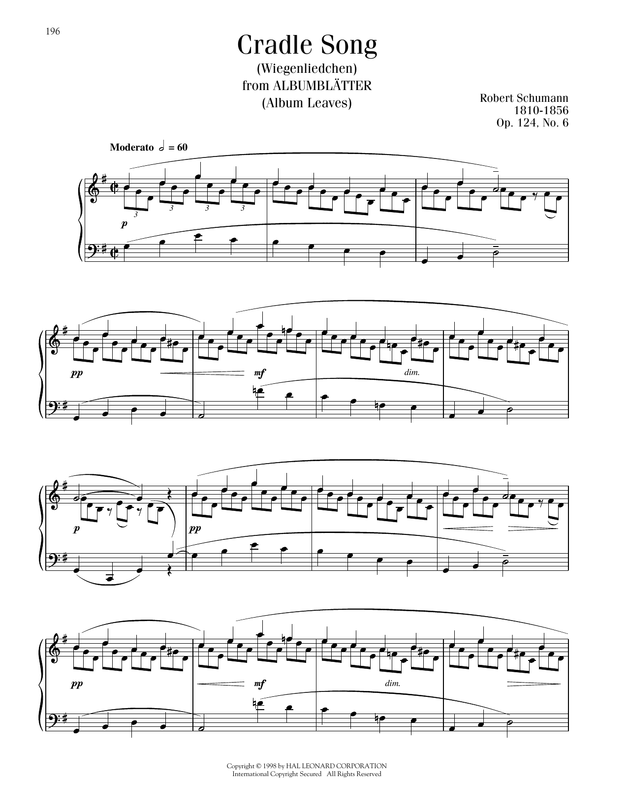 Robert Schumann Little Lullaby, Op. 124, No. 6 sheet music notes printable PDF score