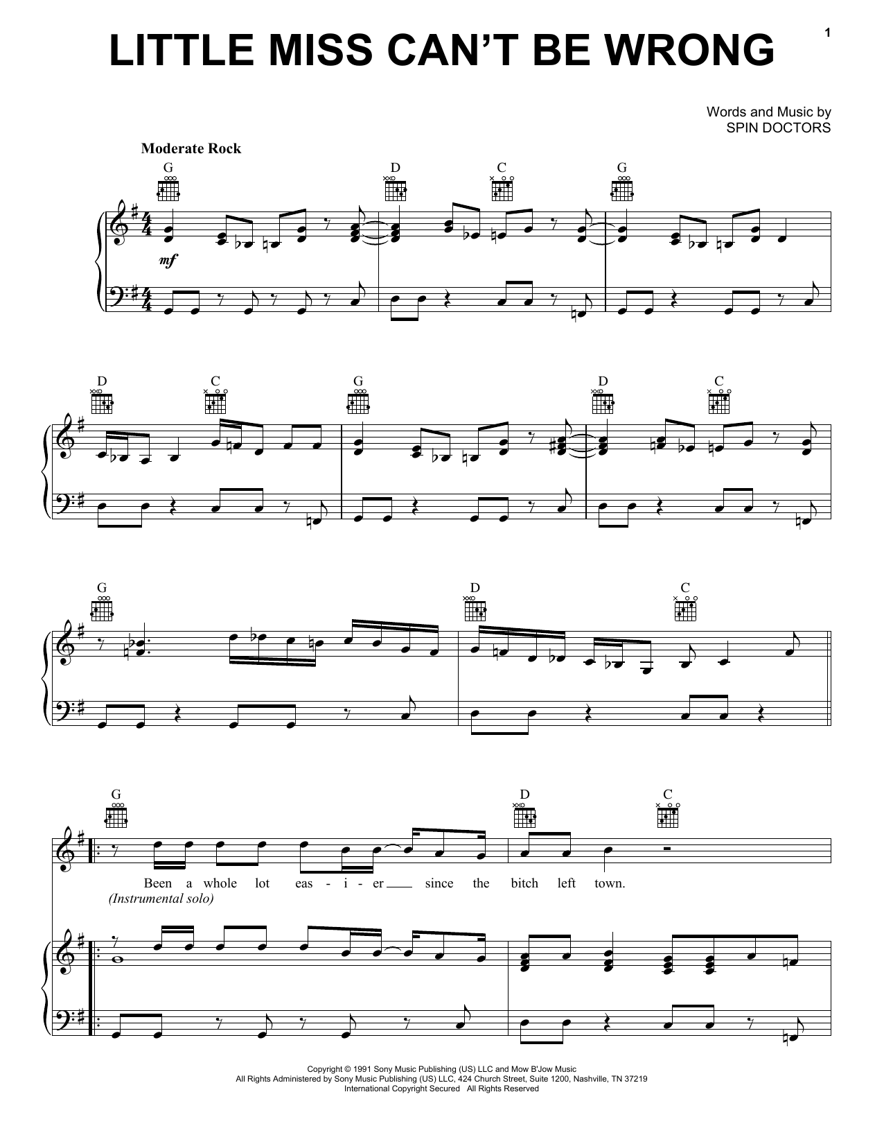 Download Spin Doctors Little Miss Can't Be Wrong Sheet Music