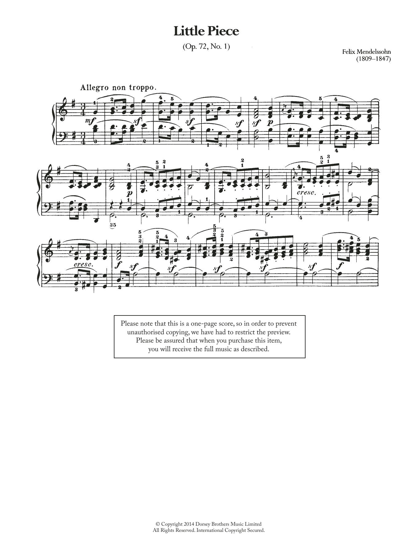Download Felix Mendelssohn Little Piece, Op.72 No.1 Sheet Music