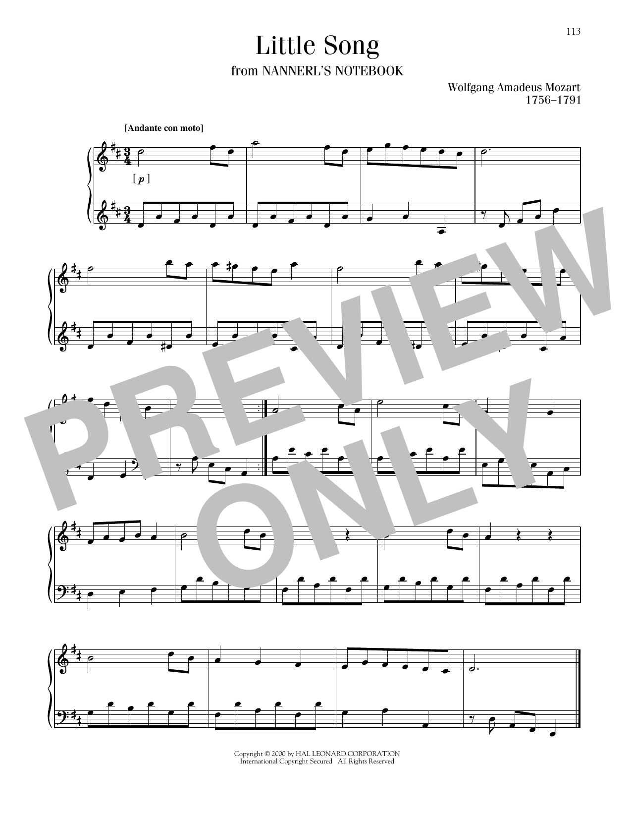 Wolfgang Amadeus Mozart Little Song sheet music notes printable PDF score