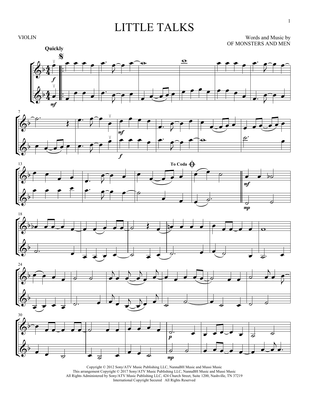 Download Of Monsters And Men Little Talks Sheet Music