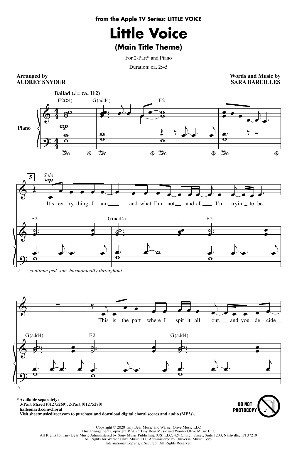 Download Sara Bareilles Little Voice - Main Title Theme (arr. A Sheet Music