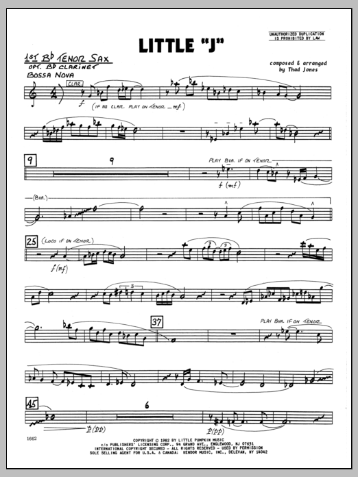 Download Thad Jones Little 'J' - 1st Bb Tenor Saxophone Sheet Music
