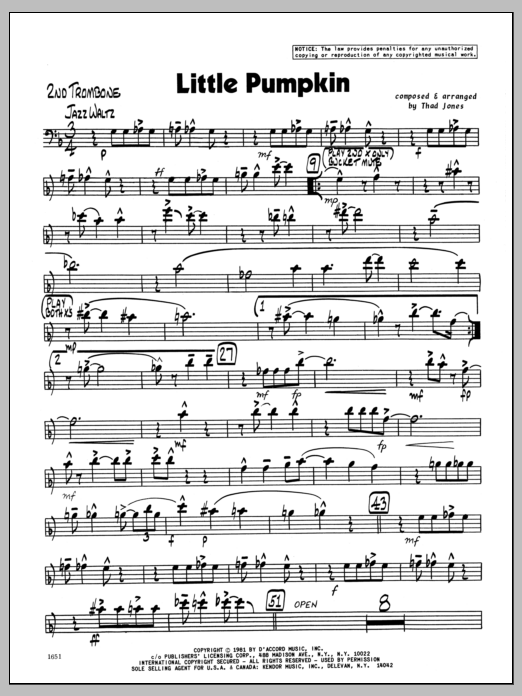 Download Thad Jones Little Pumpkin - 2nd Trombone Sheet Music