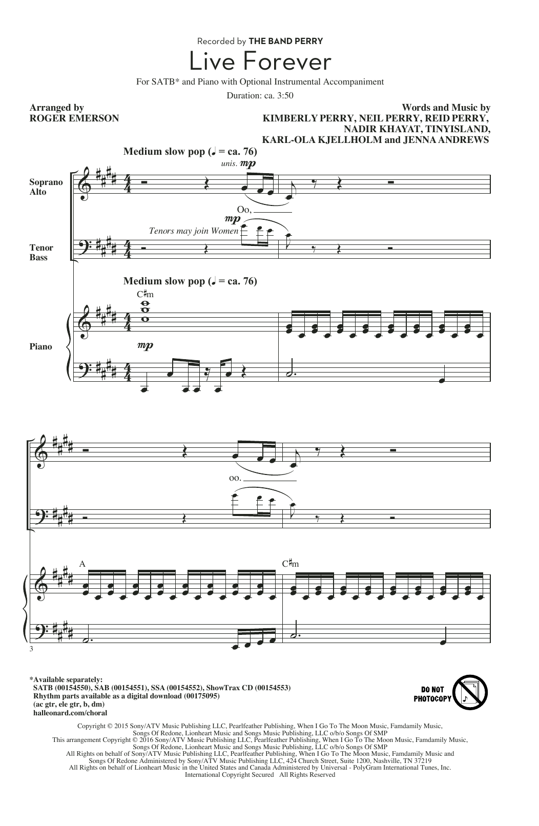 Download The Band Perry Live Forever (arr. Roger Emerson) Sheet Music