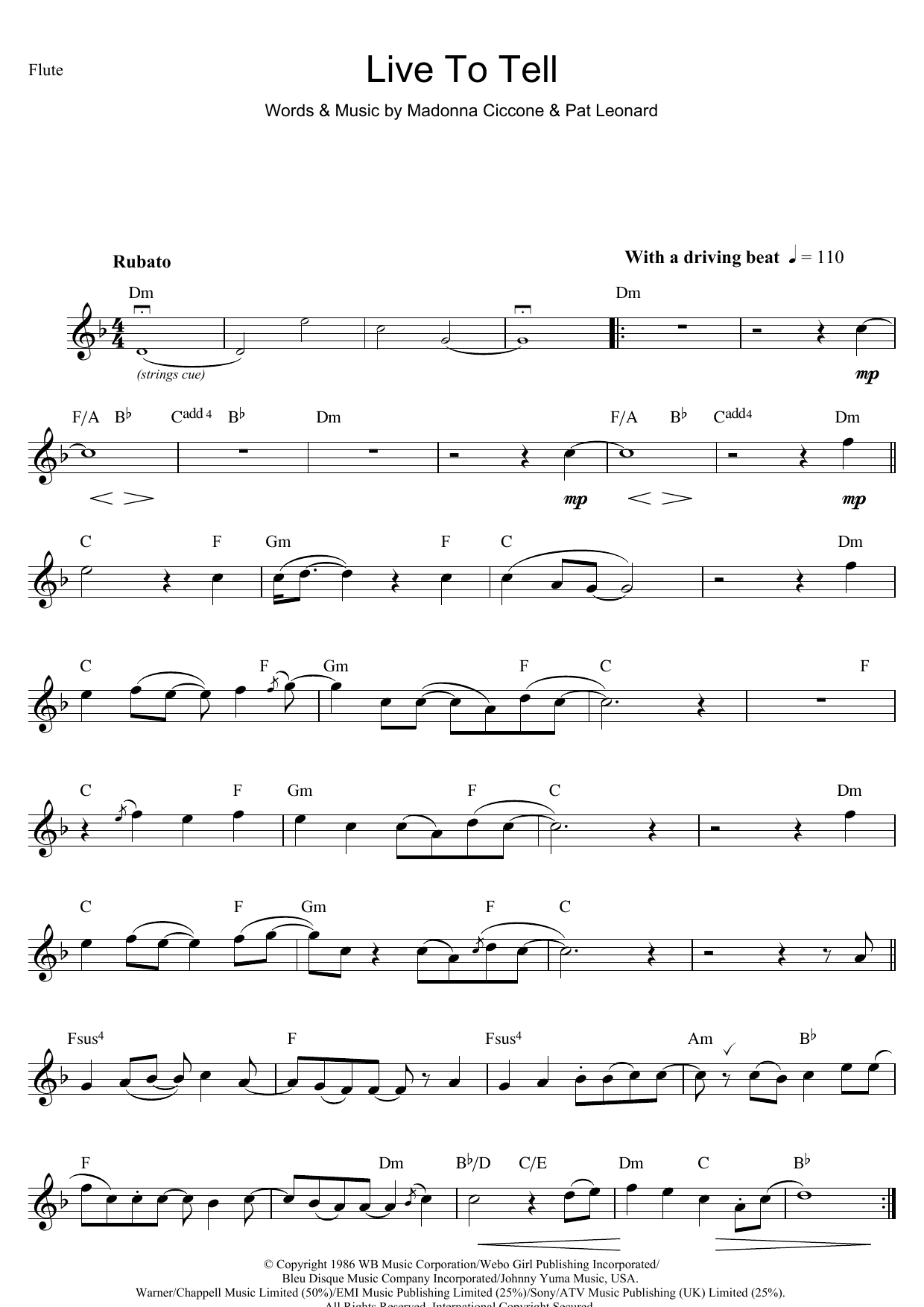 Download Madonna Live To Tell Sheet Music