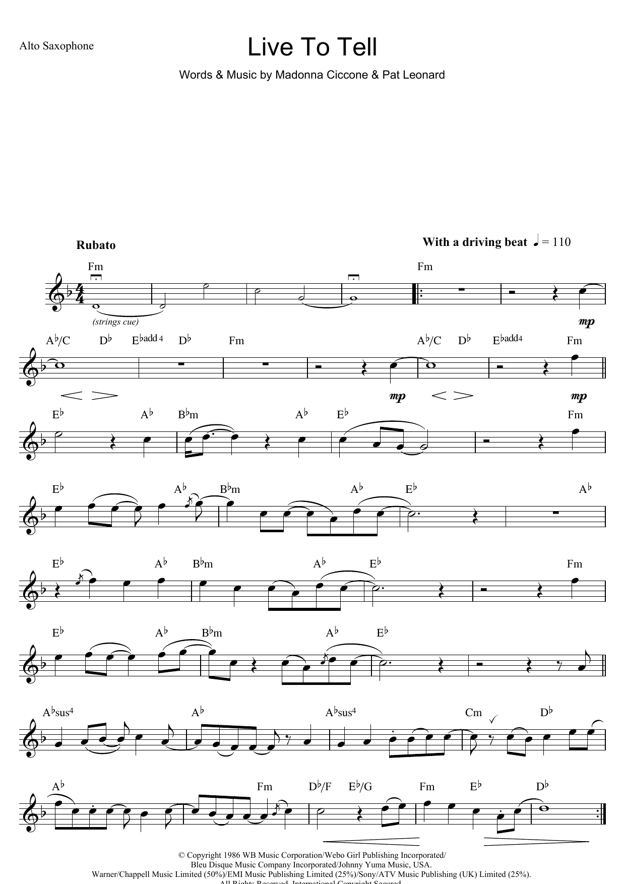 Download Madonna Live To Tell Sheet Music