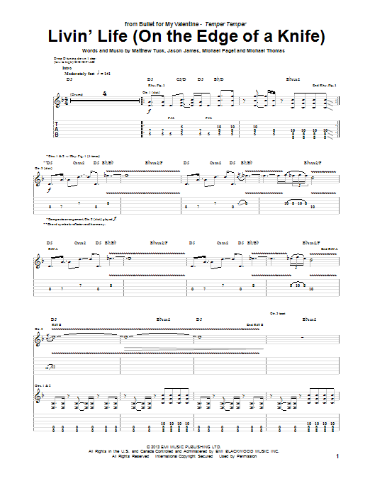 Download Bullet for My Valentine Livin' Life (On The Edge Of A Knife) Sheet Music