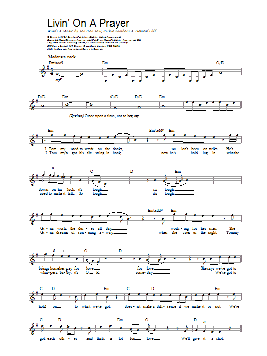 Bon Jovi Livin' On A Prayer sheet music notes printable PDF score