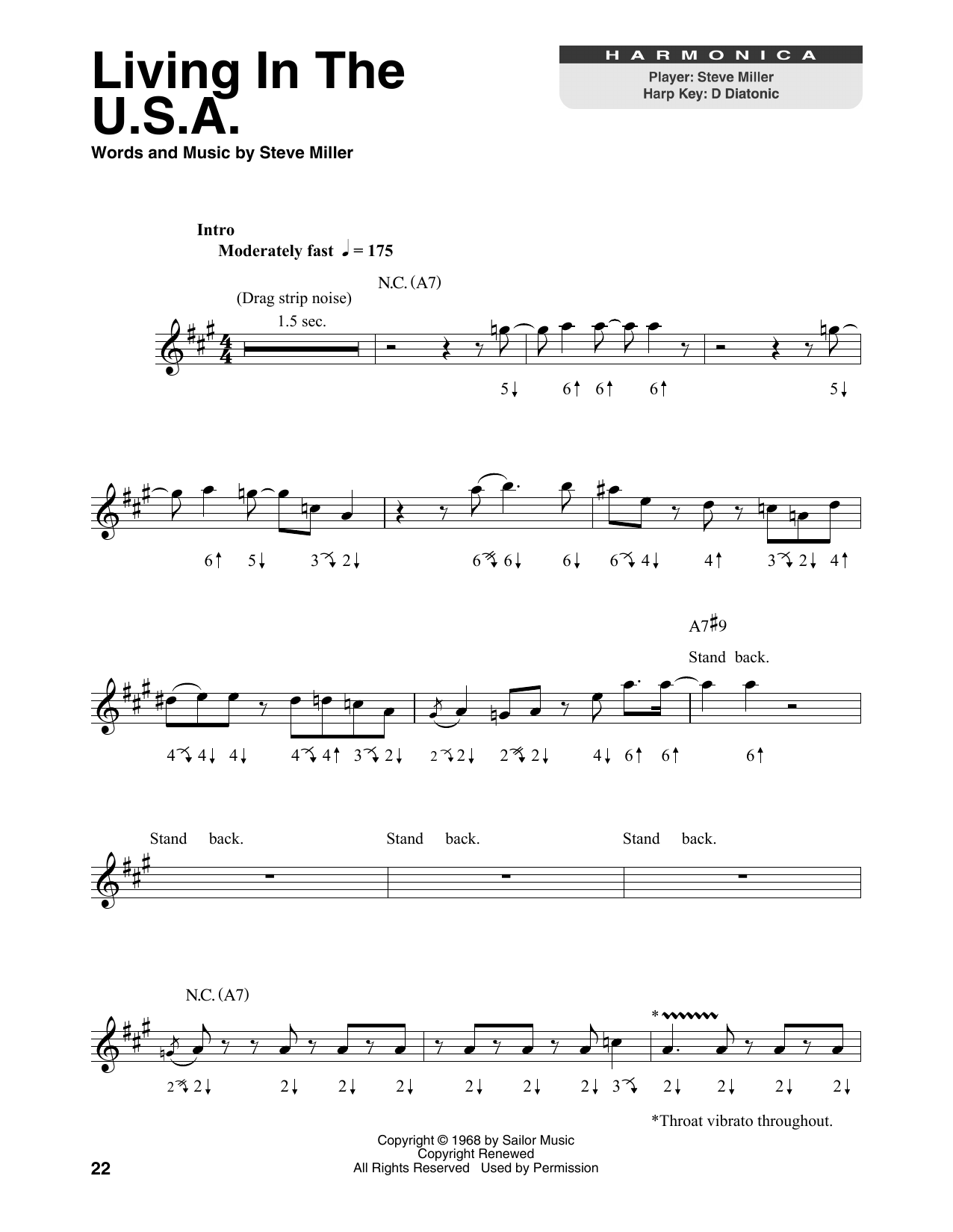 Steve Miller Band Living In The U.S.A. sheet music notes printable PDF score