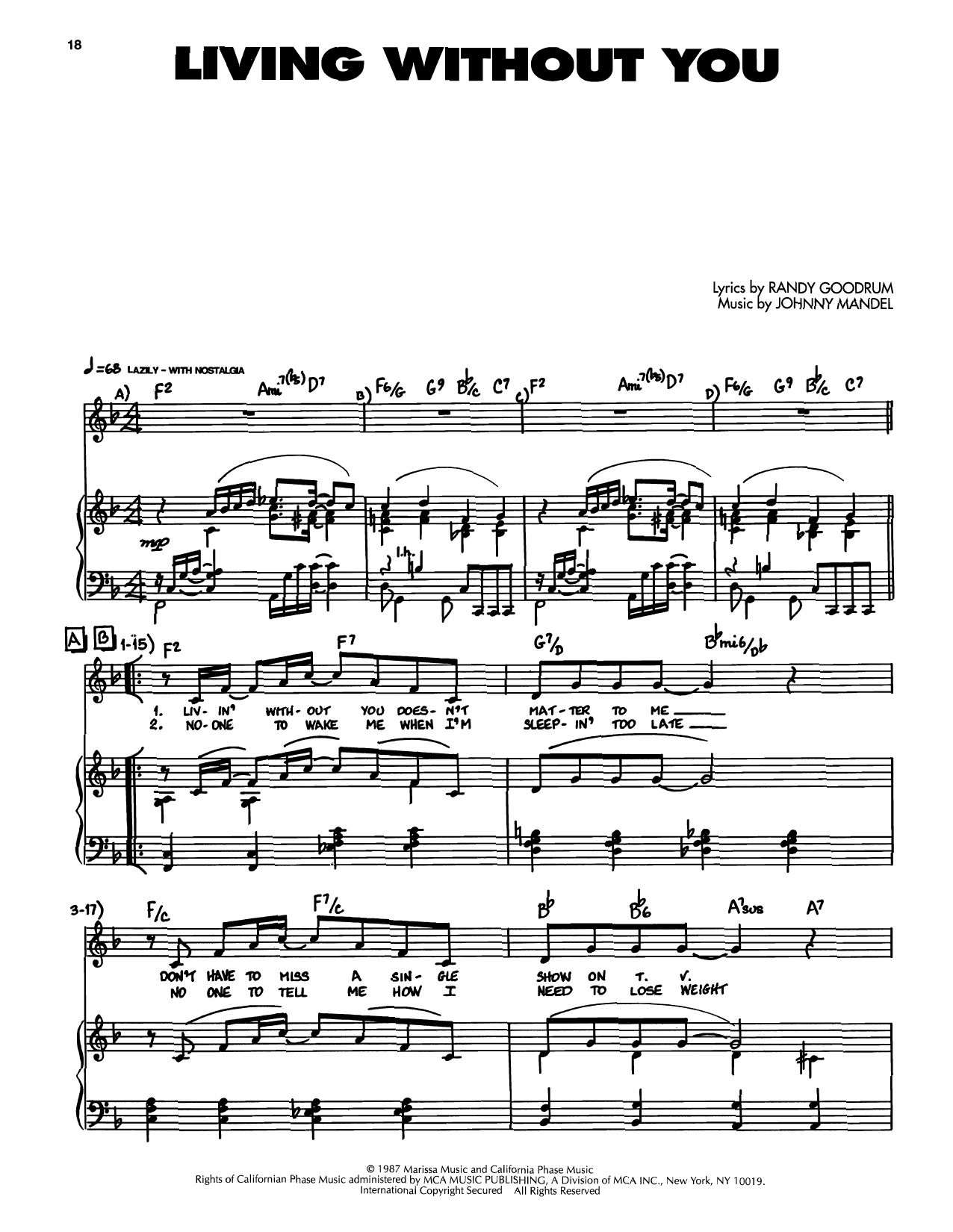 Download Johnny Mandel Living Without You Sheet Music