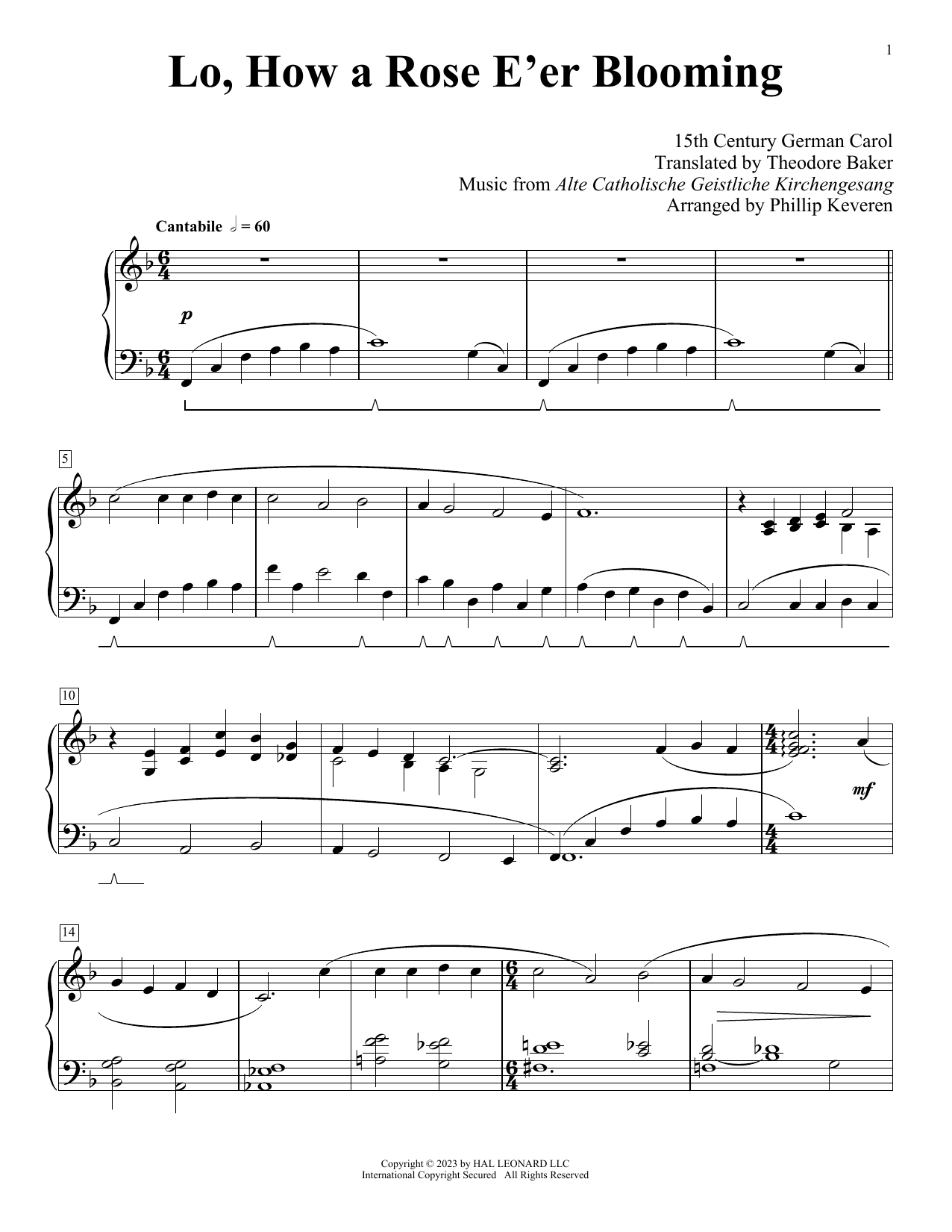 15th Century German Carol Lo, How A Rose E'er Blooming (arr. Phillip Keveren) sheet music notes printable PDF score