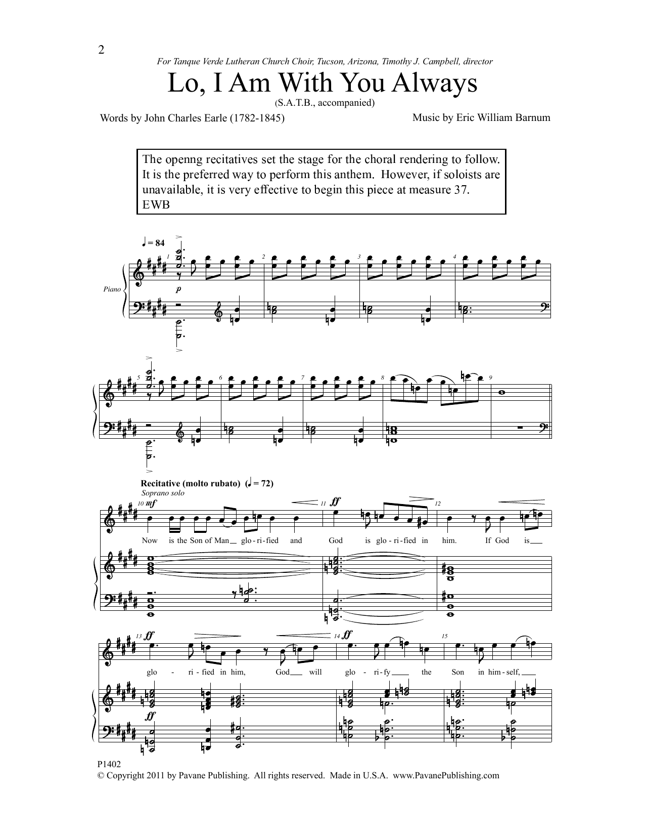 Download Eric William Brnum Lo, I Am With You Always Sheet Music