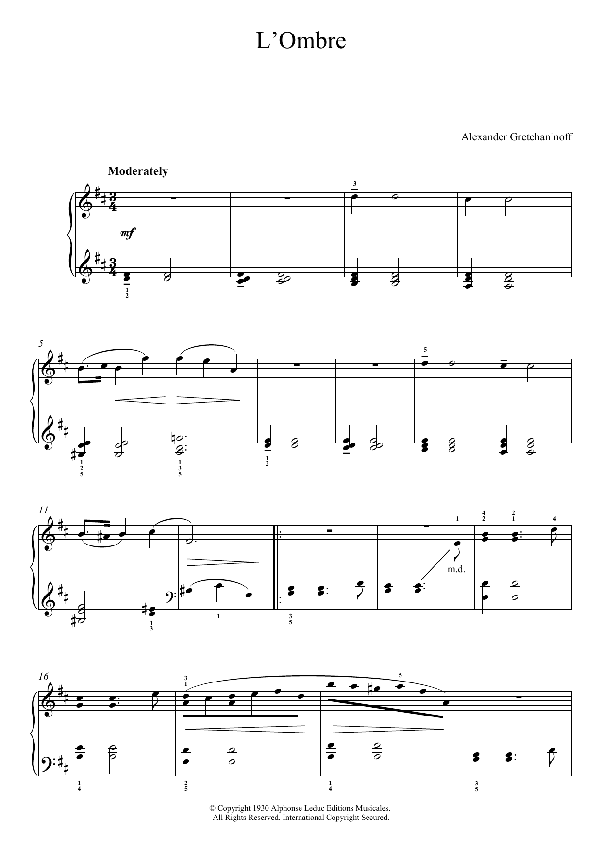 Download Alexander Gretchaninoff L'Ombre (No. 4 from 'Historiettes') Sheet Music