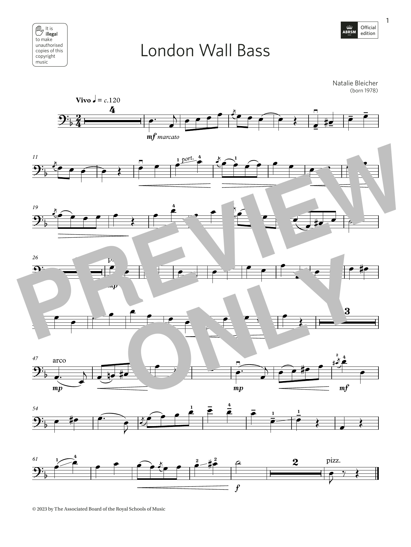 Natalie Bleicher London Wall Bass (Grade 4, C12, from the ABRSM Double Bass Syllabus from 2024) sheet music notes printable PDF score
