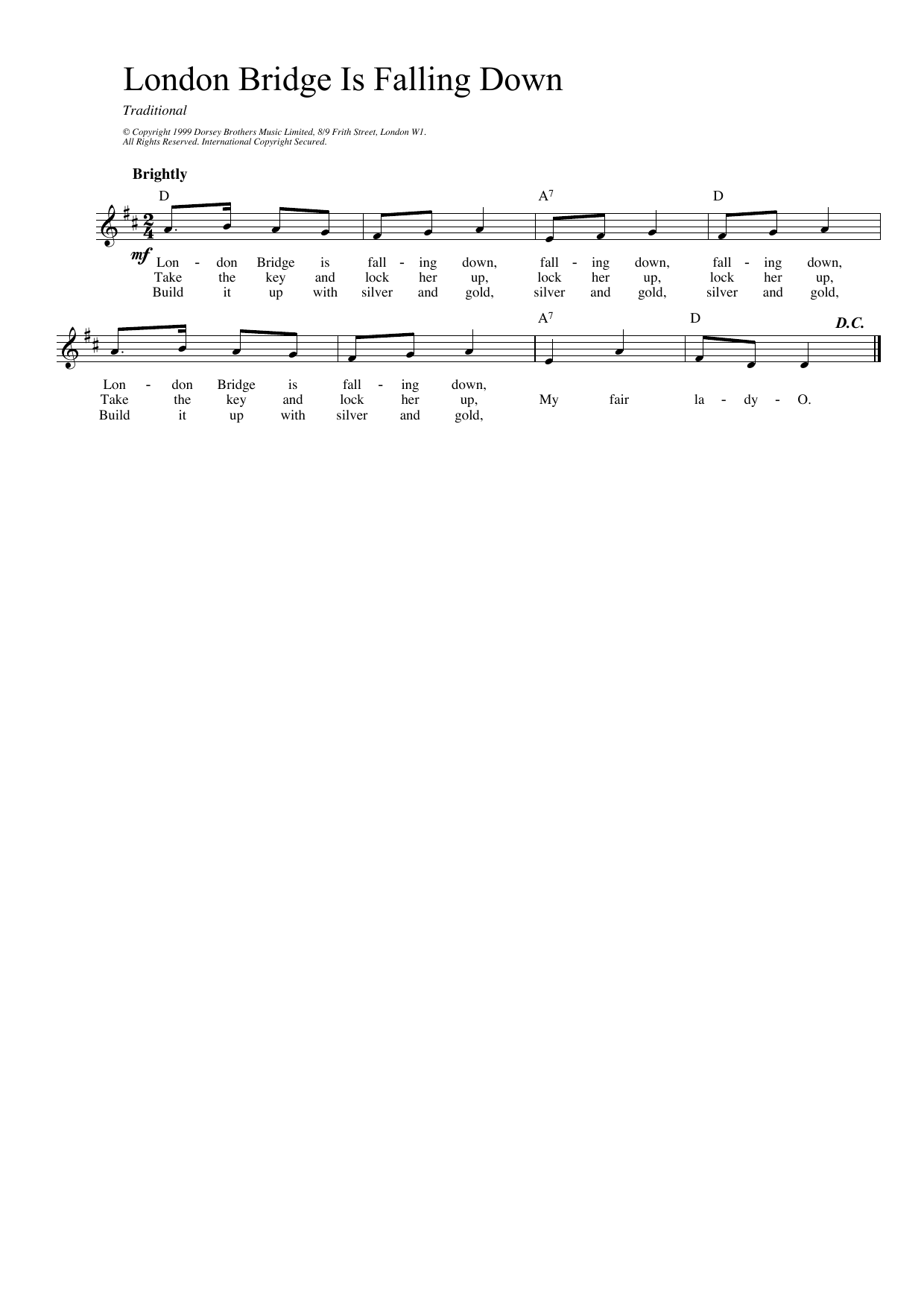 Traditional London Bridge sheet music notes printable PDF score