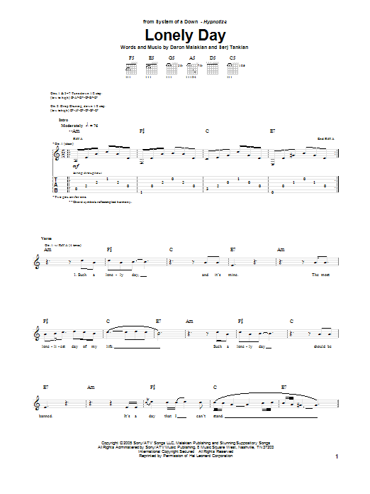 Download System Of A Down Lonely Day Sheet Music