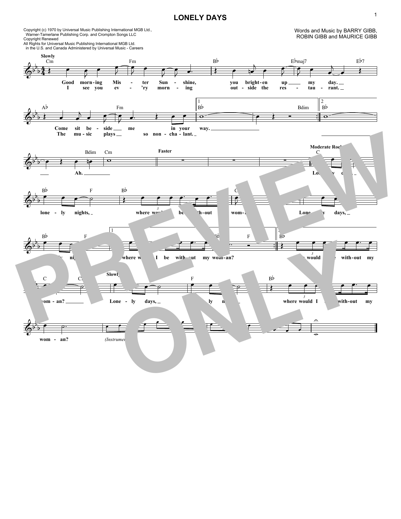 Download Bee Gees Lonely Days Sheet Music
