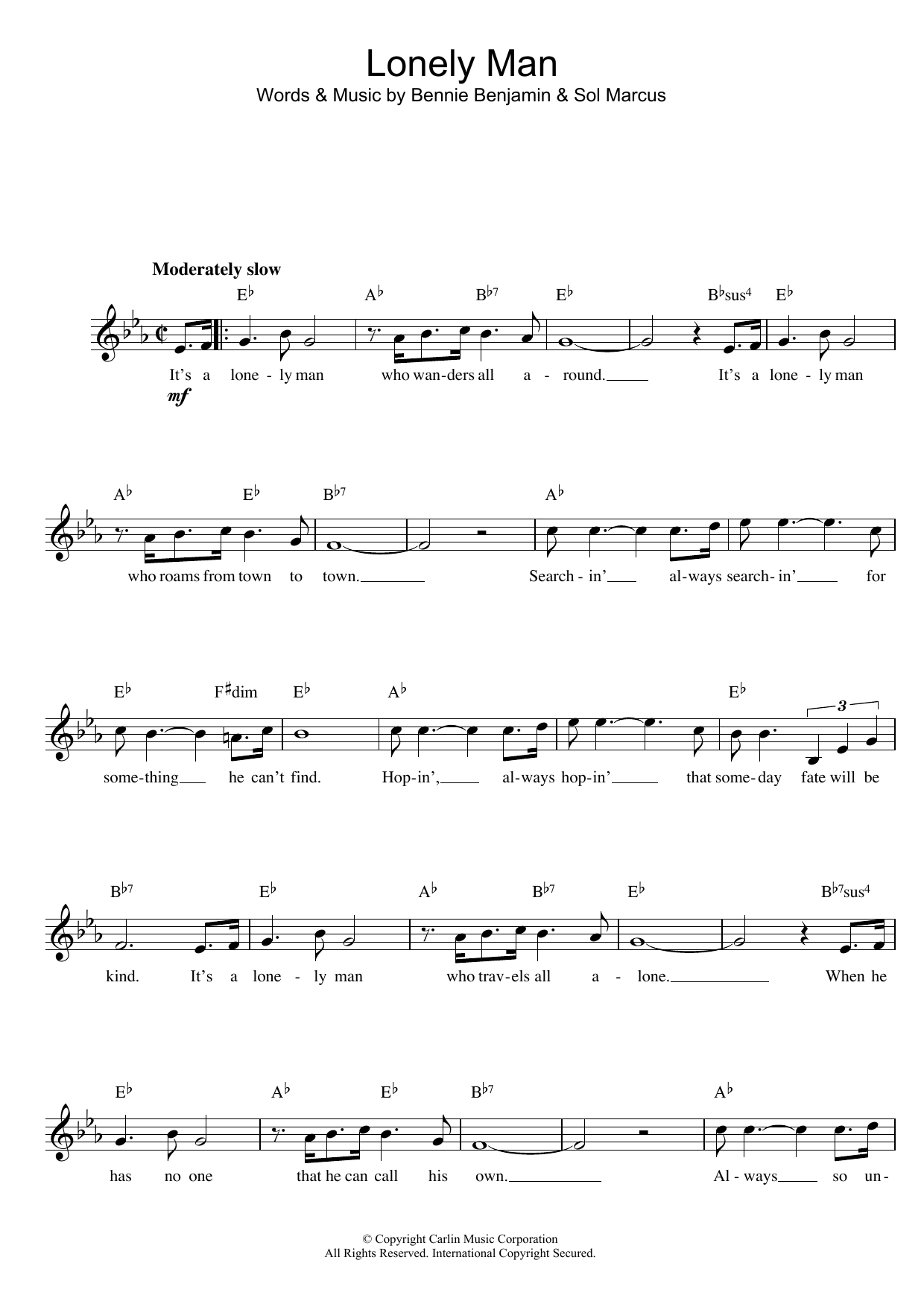 Download Bennie Benjamin and Sol Marcus Lonely Man Sheet Music