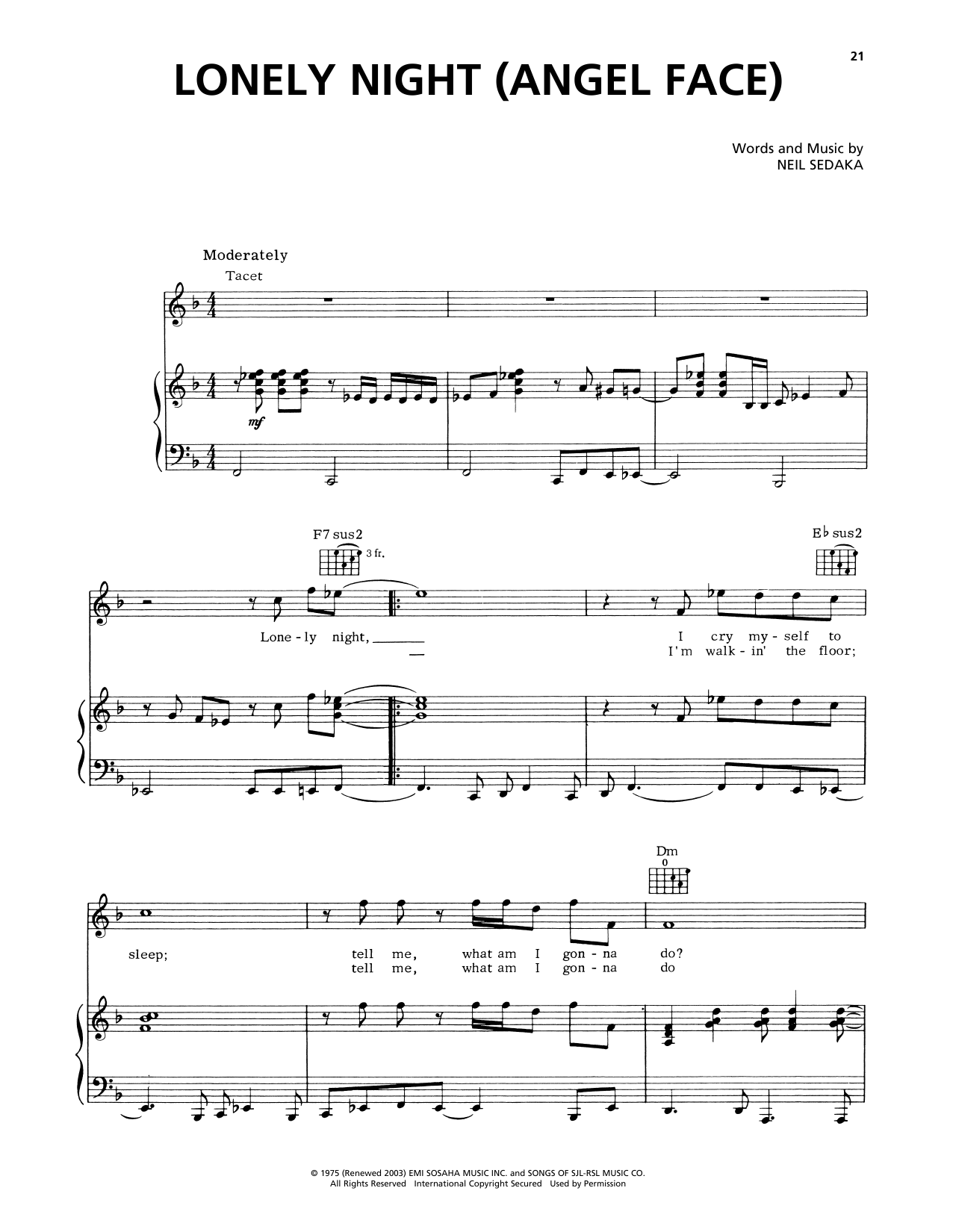 Download Captain & Tennille Lonely Night (Angel Face) Sheet Music