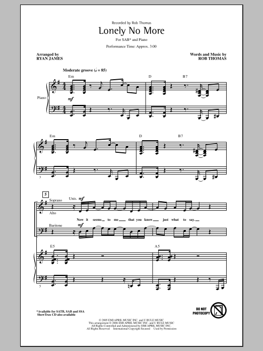 Download Rob Thomas Lonely No More (arr. Ryan James) Sheet Music