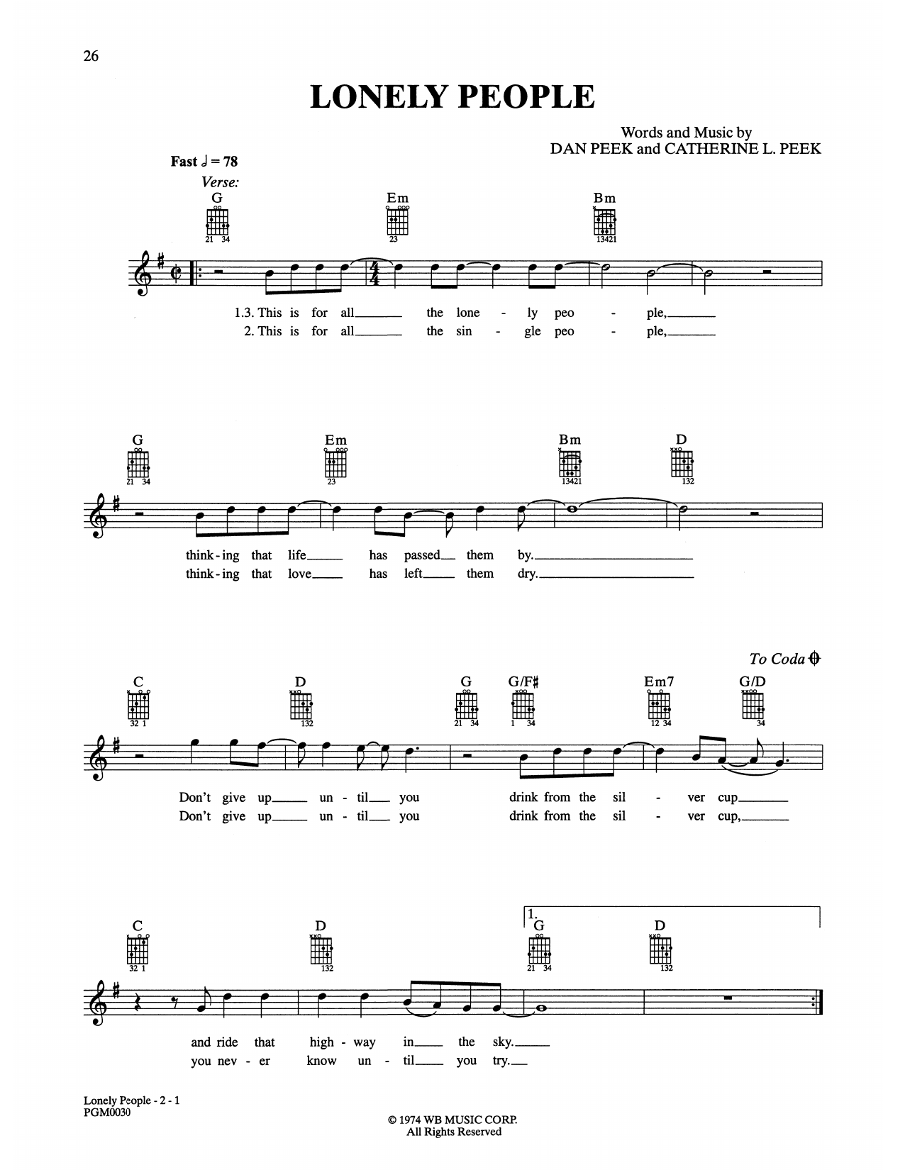 Download America Lonely People Sheet Music