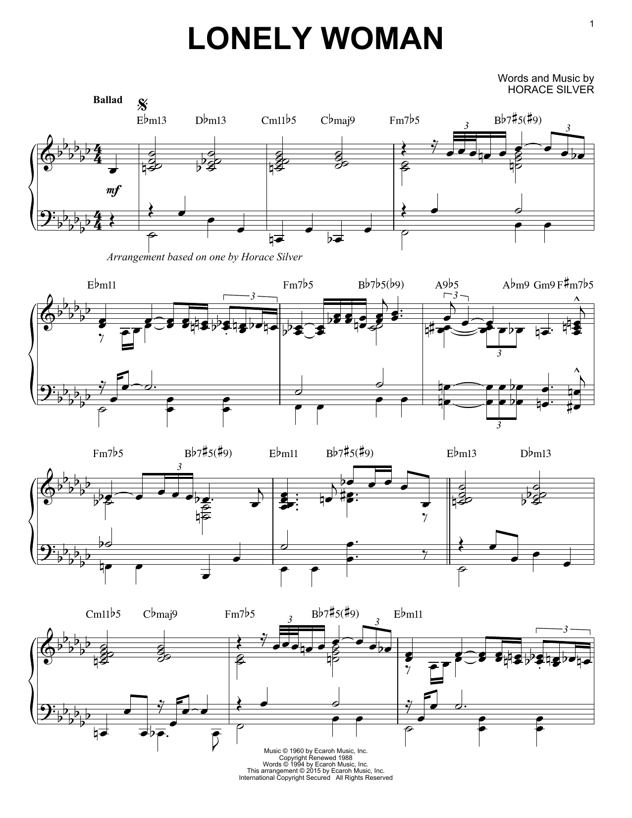 Download Horace Silver Lonely Woman (arr. Brent Edstrom) Sheet Music