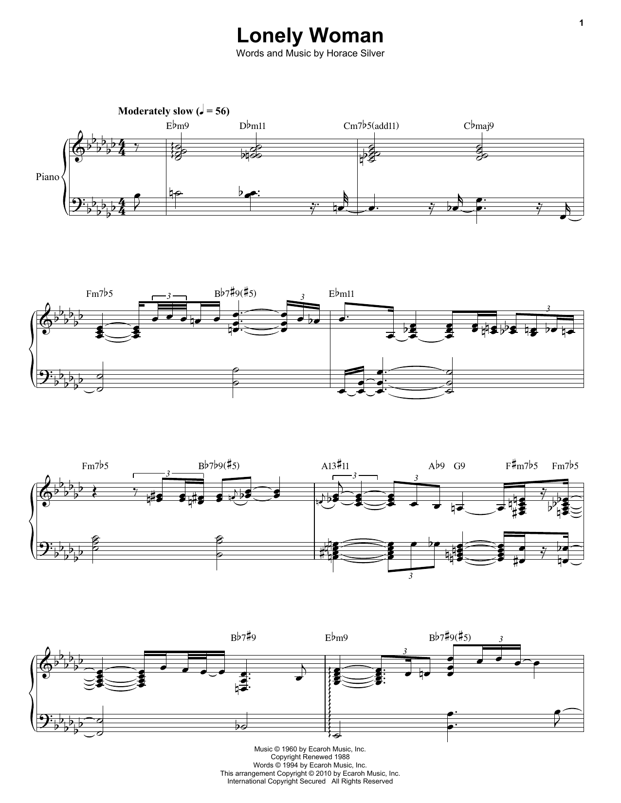 Horace Silver Lonely Woman sheet music notes printable PDF score