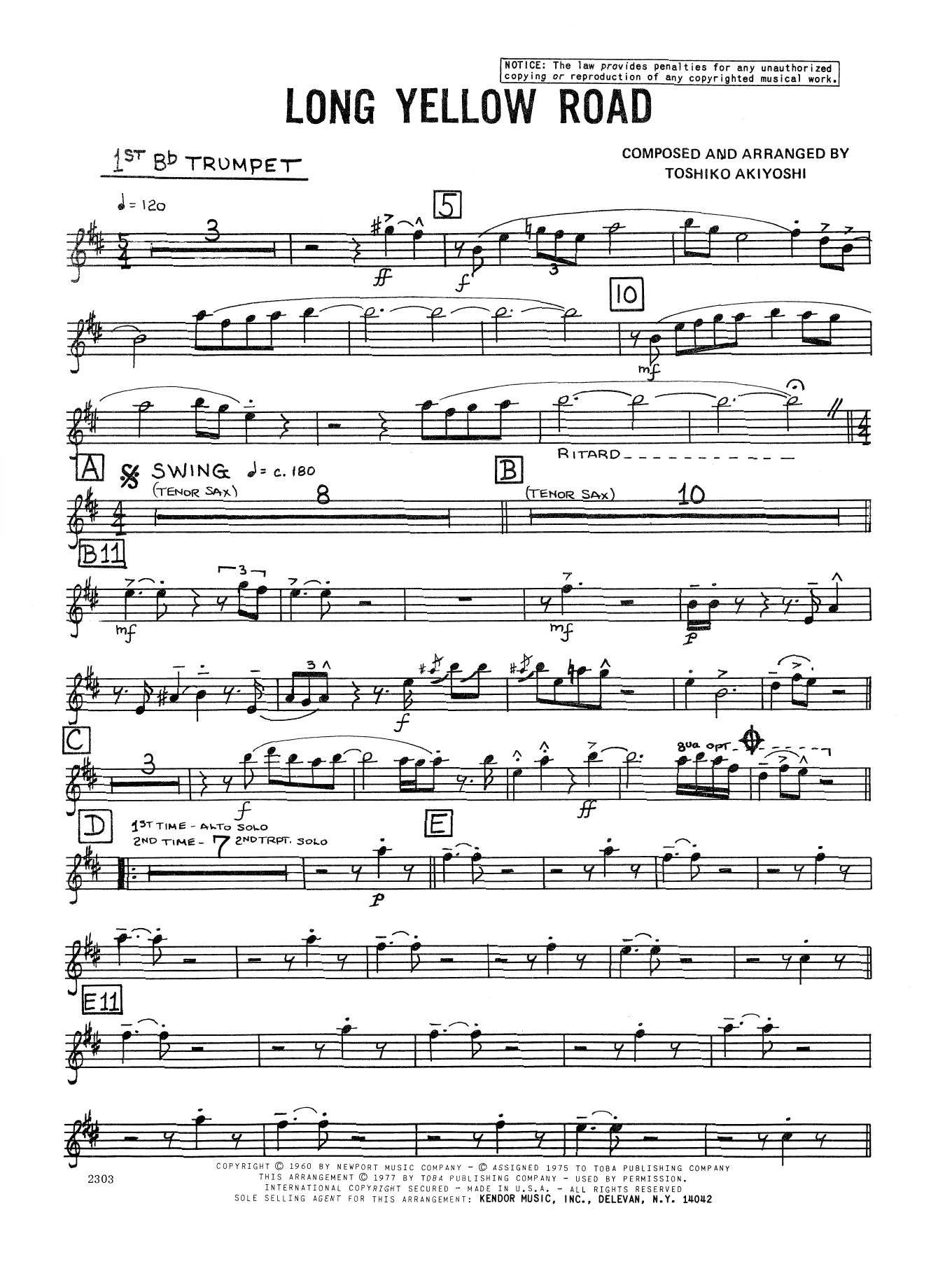 Download Toshiko Akiyoshi Long Yellow Road - 1st Bb Trumpet Sheet Music