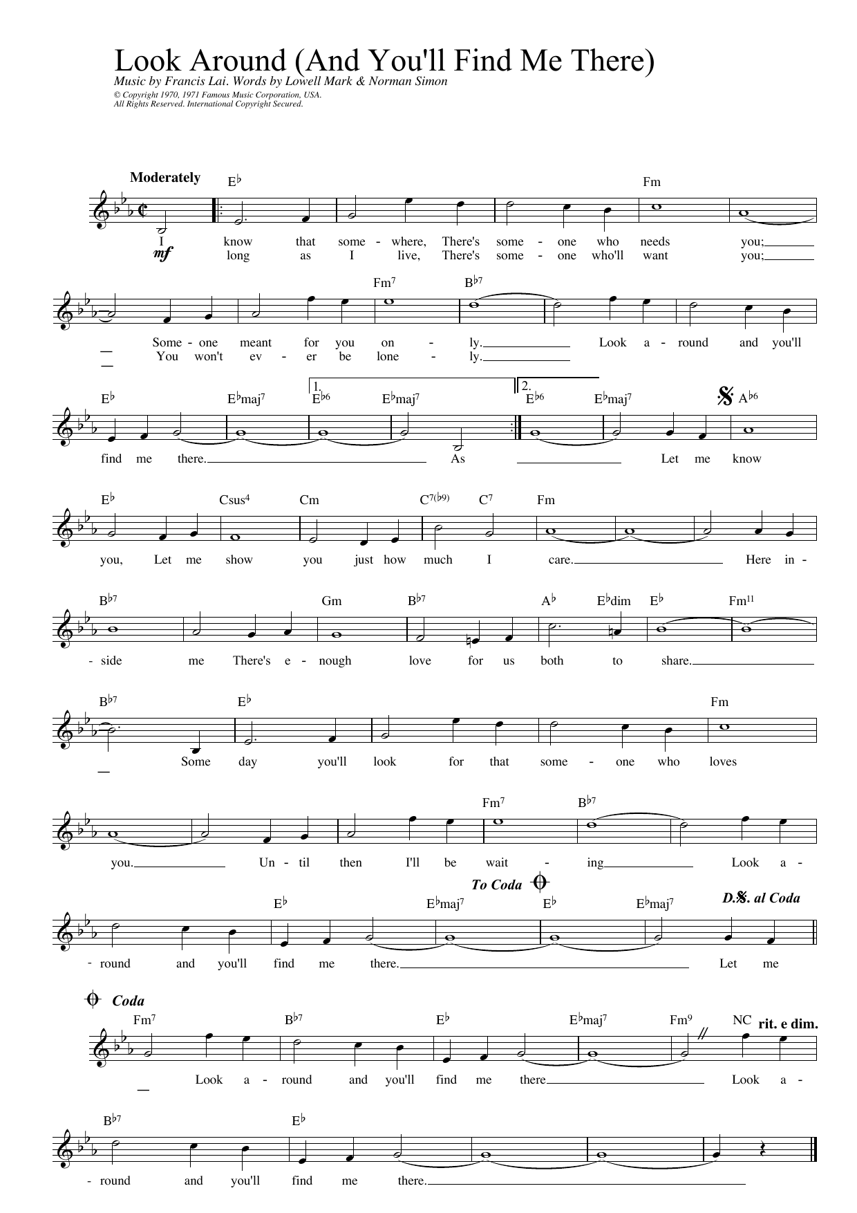 Francis Lai Look Around (And You'll Find Me There) (from Love Story) sheet music notes printable PDF score